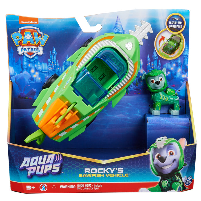 Paw Patrol: Aqua Pups - Rocky Con Vehiculo Acuatido Pez Sierra