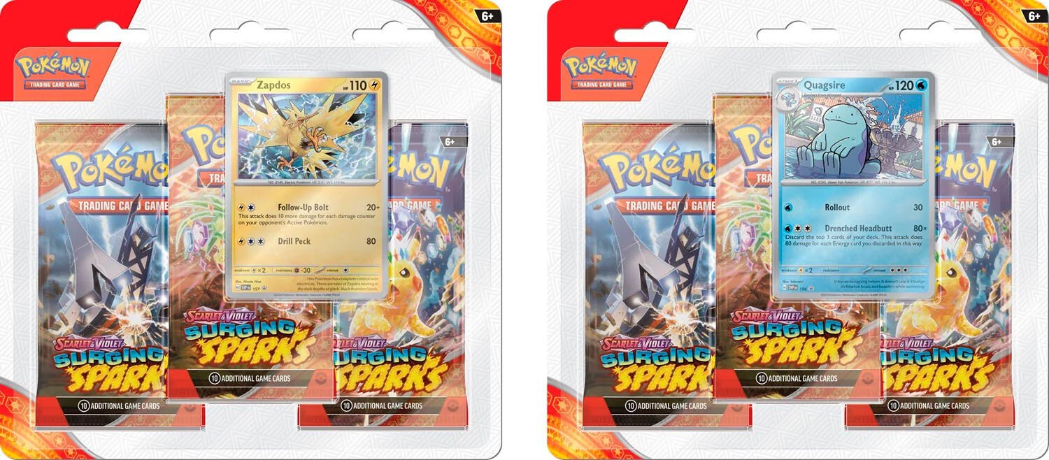 Pokemon TCG Scarlet & Violet: Surging Sparks - 3 Pack Blister Zapdos o Quagsire En Ingles