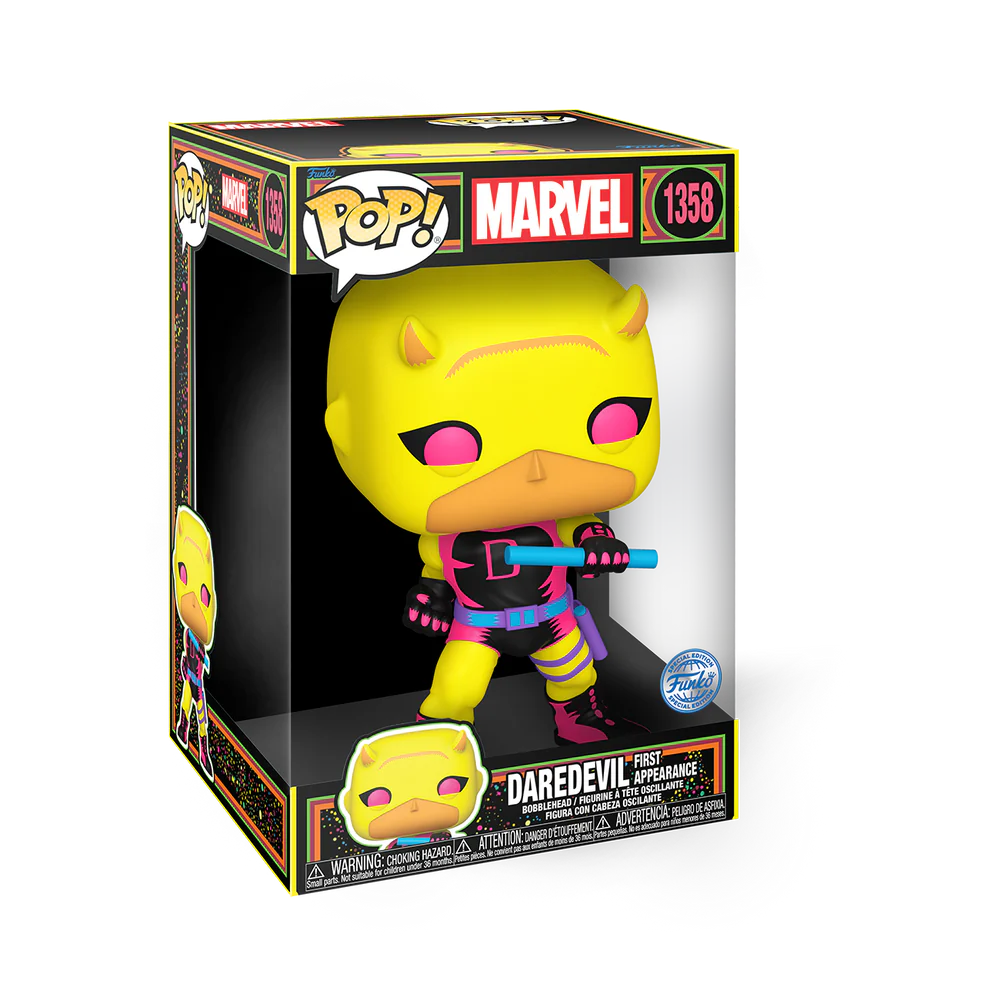 Funko Pop Jumbo: Marvel Daredevil - Daredevil Primera Aparicion Blacklight Exclusivo 10 Pulgadas