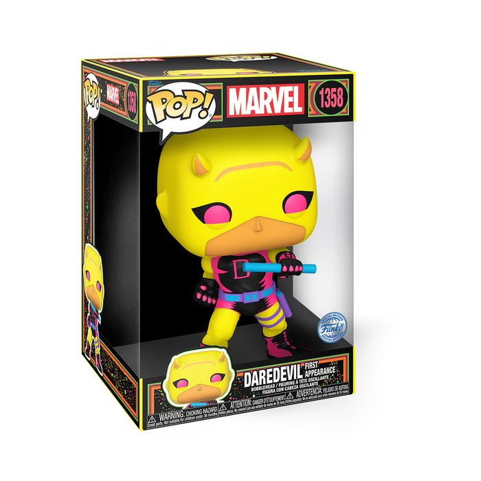 Funko Pop Jumbo: Marvel Daredevil - Daredevil Primera Aparicion Blacklight Exclusivo 10 Pulgadas